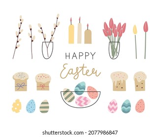 Happy Easter big clipart set. Vector color hand drawn illustration with decorative colored eggs, cakes, willow branches,  tulip flowers, candles and lettering
