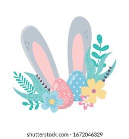 happy easter big ears eggs flowers foliage decoration vector illustration