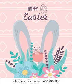 happy easter big ears flowers foliage decoration vector illustration
