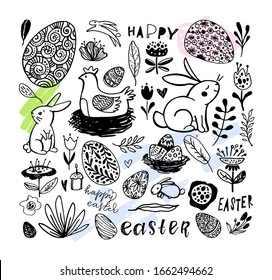 Happy Easter - big hand drawn doodle set. Easter background. Template design elements for invitation, poster, pattern, fabric, textile. Easter art.