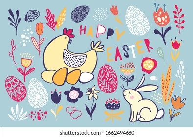 Happy Easter - big hand drawn doodle set. Easter background. Template design elements for invitation, poster, pattern, fabric, textile. Easter art.