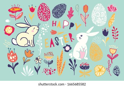 Happy Easter - big hand drawn doodle set. Easter background. Template design elements for invitation, poster, pattern, fabric, textile. Easter art.
