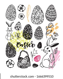 Happy Easter - big hand drawn doodle set. Easter background. Template design elements for invitation, poster, pattern, fabric, textile. Easter art.