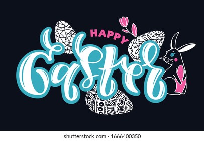 Happy Easter - big hand drawn doodle lettering art. Easter background. Template design elements for invitation, poster, pattern, fabric, textile. Easter art.