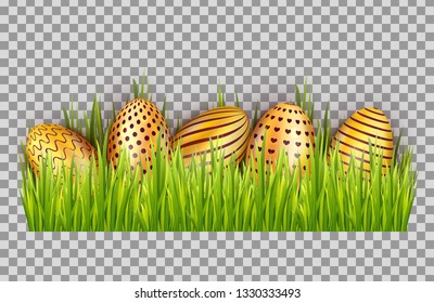 Happy Easter big hunt with golden eggs on grass isolated on transparent background. Greeting card, banner, poster decoration elements design. Vector illustration