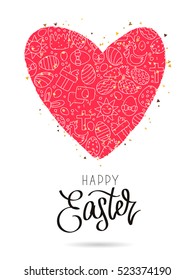 Happy easter. Big red heart with Easter icons. The trend calligraphy. Vector illustration on white background. Great holiday gift card.