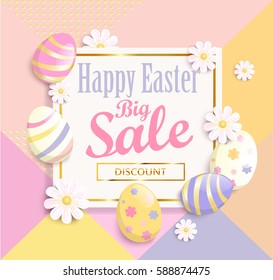 Happy Easter big sale banner,  template with beautiful colorful spring flowers and eggs. Geometric background, dots pattern. Vector illustration.