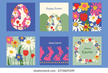 Happy Easter Big Set of colorful greeting cards, posters, holiday covers or banners. Trendy design with typography, hand-drawn flowers, dots, Easter bunny and eggs. Modern art style templates