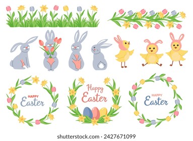 Feliz Pascua gran conjunto de elementos decorativos. Conejitos lindos de primavera, gallinas, coronas, bordes de flores. Colección para el diseño de banners de vacaciones, tarjetas, carteles.