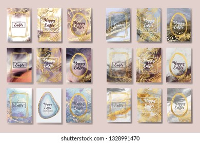 happy easter. the big set of liquid marble with gold. flyer, business card, flyer, brochure, poster, for printing. trend vector