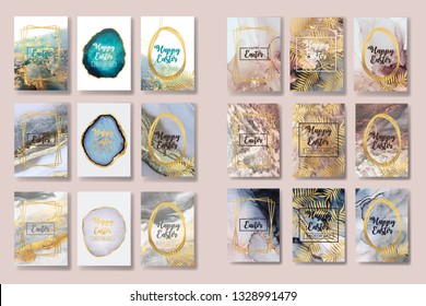 happy easter. the big set of liquid marble with gold. flyer, business card, flyer, brochure, poster, for printing. trend vector