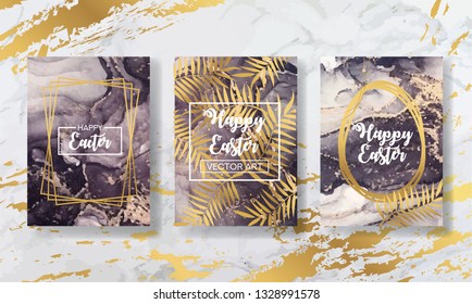 happy easter. the big set of liquid marble with gold. flyer, business card, flyer, brochure, poster, for printing. trend vector