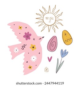 Feliz Pascua pájaro y huevos Anuncio Plantilla Elementos de moda lindo Vector postal, Elementos de vacaciones de primavera. Bueno para tarjetas, volante, folleto, etiqueta del producto, redes sociales y más. Boho