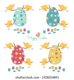 Happy Easter. Birds are painting an Easter eggs. Spring holiday.  Vector illustration on a white background