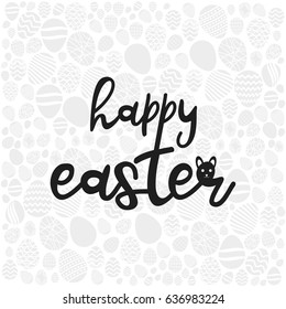 Happy Easter black cartoonic color creative typography greeting card on egg pattern white background. Vector illustration
