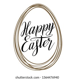 Happy Easter. Black cursive in golden egg shaped frame. Holiday script lettering. Design element. Calligraphic hand written inscription. Vector illustration.