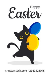 Happy Easter. A black cute cat holds colored Easter blue and yellow eggs in its paws. Vertical modern poster for the Orthodox holiday. Vector.
