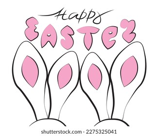 Happy Easter black hand-drawn lettering with pink bunny ears on white background. Cute rabbit ears, bunny illustration. Elegant poster with text. Vector illustration for banner, cover, greeting card.