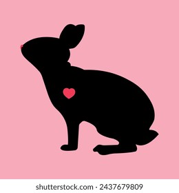 Happy easter. Black hare with a heart on an isolated background. Easter bunny sitting in flat style. Love. EPS10