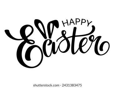 Happy Easter black lettering with bunny ears. Easter brush calligraphy banner. Vector illustration.