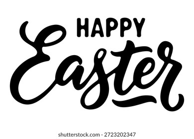 Feliz caligrafía de letras negras de Pascua con elegante escritura dibujada a mano, tipografía festiva para tarjetas de felicitación de vacaciones de primavera y decoración de celebración de temporada, inscripción de tinta de pincel minimalista aislada sobre fondo blanco, cita cristiana moderna para el diseño tradicional He Is Risen.