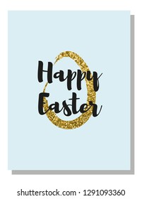 Happy Easter black lettering on gold foil with bright sparkles egg. Vector illustration