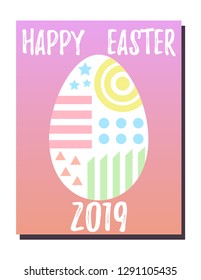 Happy Easter black lettering on white foil with bright sparkles egg. Vector illustration