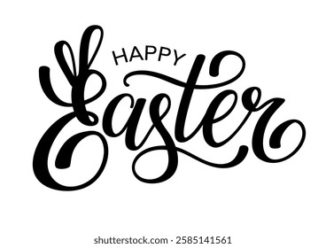 Happy Easter black lettering phrase with bunny ears.  Vector illustration. 