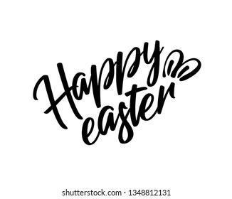Happy easter black lettering, text with rabbit ears isolated, design for holiday greeting card or invitation, vector illustration