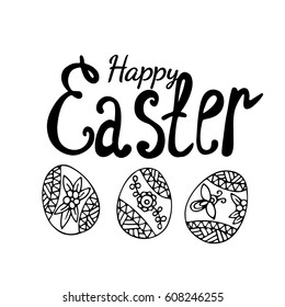 Happy Easter black line banner with three eggs. Template for Easter voucher, brochure, card and other design. Vector illustration.