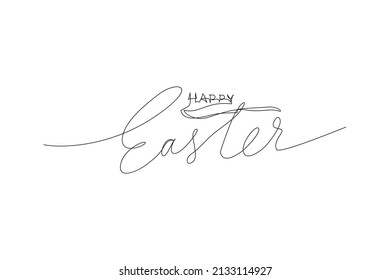 Happy Easter black linear lettering with swooshes. Hand drawn elegant modern vector calligraphy. Easter bunny and egg illustration continuous line drawing.