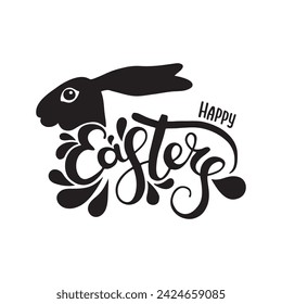 Feliz Pascua de letras lineales negras con conejo. Caligrafía vectorial moderna dibujada a mano. Diseño para tarjeta de felicitación de vacaciones.