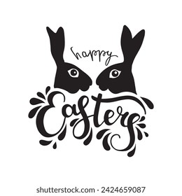 Happy Easter black linear lettering with rabbit. Hand drawn modern vector calligraphy. Design for holiday greeting card.