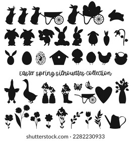 Happy Easter black plants and animals silhouettes. Vector illustration.