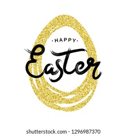 Happy Easter black typographic calligraphic lettering with golden glitter paschal egg frame on white background. Gold retro holiday easter badge. Religious holiday sign. 