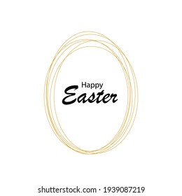 Happy Easter black typographic calligraphic lettering with gold scribble egg frame isolated on white background. Retro holiday easter badge. Religious holiday sign.