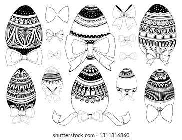 Happy Easter. Black and White Doodle Easter Eggs in the basket. Coloring book for adults for relax and meditation. Vector isolated elements