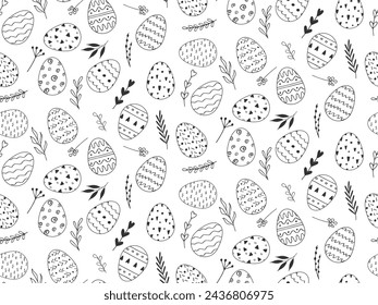 Feliz Pascua Fondo de Doodle en blanco y negro. Patrón sin costuras. Huevos de Pascua y ramas. Ilustración de vacaciones de primavera. Elemento tradicional para el diseño