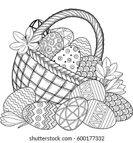Happy Easter. Black and White Doodle Easter Eggs in the basket. Coloring book for adults for relax and meditation. Vector isolated elements