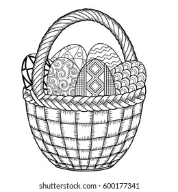 Happy Easter. Black and White Doodle Easter Eggs in the basket. Coloring book for adults for relax and meditation. Vector isolated elements