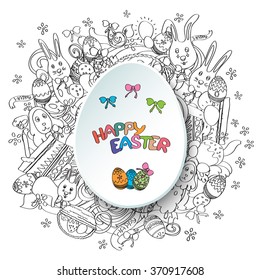 Happy easter black and white greeting card in vector. Text is written on the egg in the middle of illustration.  Funny rabbits, cakes, spring flowers and baskets. Holiday background in cartoon style