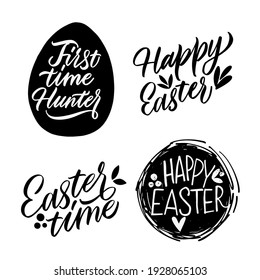 Happy Easter, black and white lettering for design. Greeting card text templates with Easter eggs isolated on white background. Happy easter lettering modern calligraphy style.