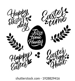Happy Easter, black and white lettering for design. Greeting card text templates with Easter eggs isolated on white background. Happy easter lettering modern calligraphy style.