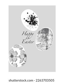 Happy Easter. Black and white postcard. Three eggs. Different textures