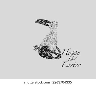 Happy Easter. Black and white postcard. Easter bunny. Textures and ornament