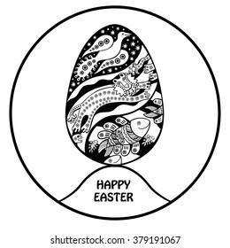 Happy Easter. Black and white vector illustration. Inspired by Ukrainian naive art. The image is prepared for an screen printing.