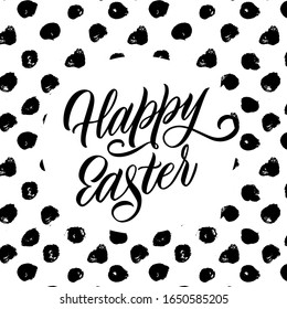 Happy Easter. Black-white image, black text on a white background. Cute greeting card, sticker or print made in the style of lettering and calligraphy. 
