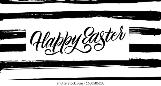 Happy Easter. Black-white image, black text on a white background. Cute greeting card, sticker or print made in the style of lettering and calligraphy. 