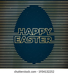 Happy Easter Blank Egg Shape Glossy Gold Future Space Style Logo Lettering as Greeting Creative Concept - Golden Stripes on Dark Night Sky Illusion Background - Vector Mixed Graphic Design