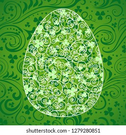 Happy Easter blank greeting card template. Ornate swirls and leaves egg symbol over green pattern background. Vector spring illustration.